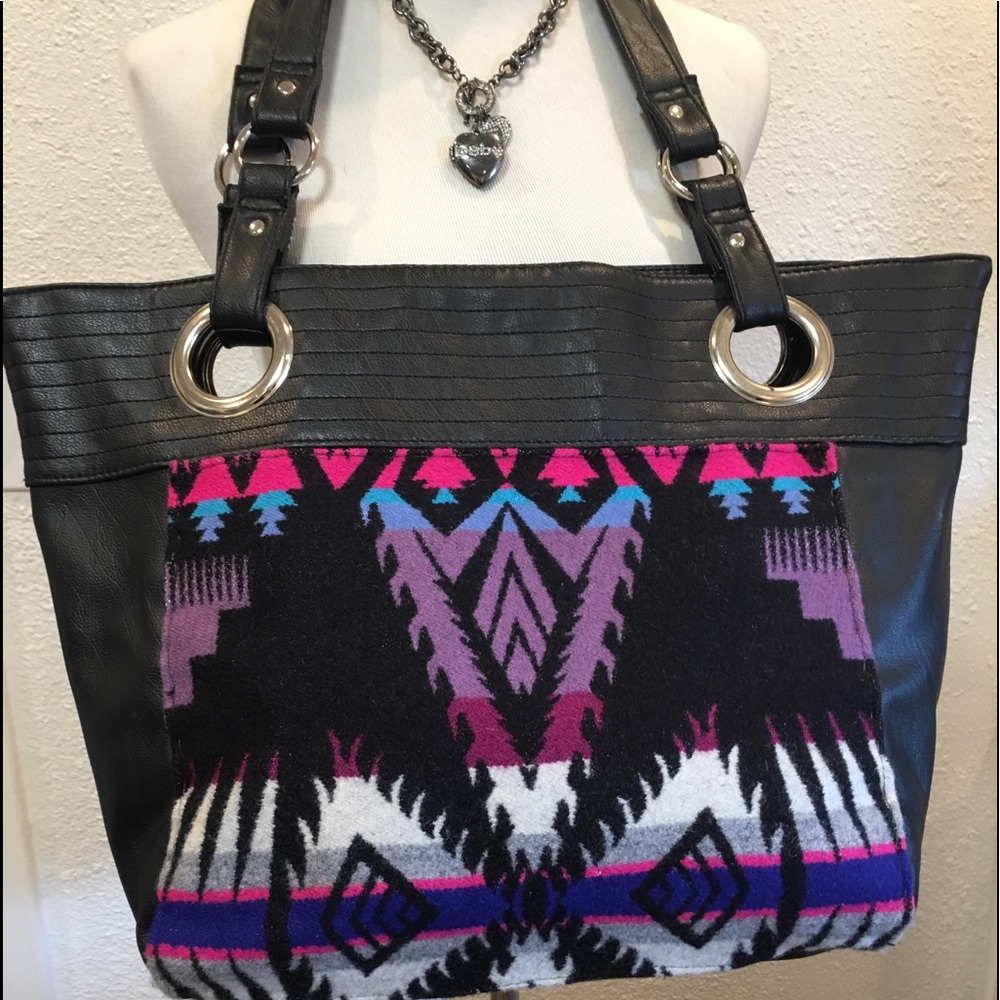 Vegan Black Leather w/ Blanket Material Pattern